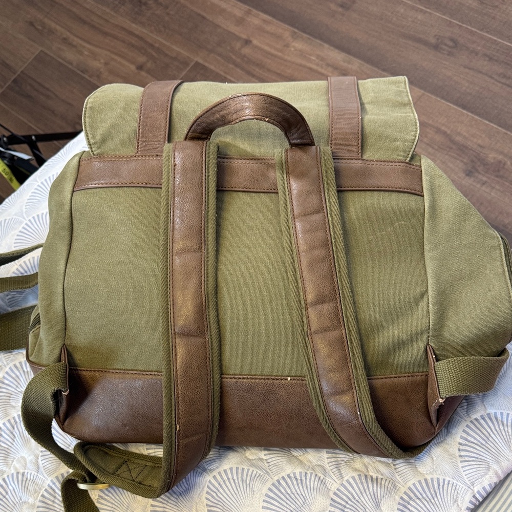 Little Unicorn Olive Canvas Leather Backpack Diaper Bag Waterproof Lining - Picture 6 of 11